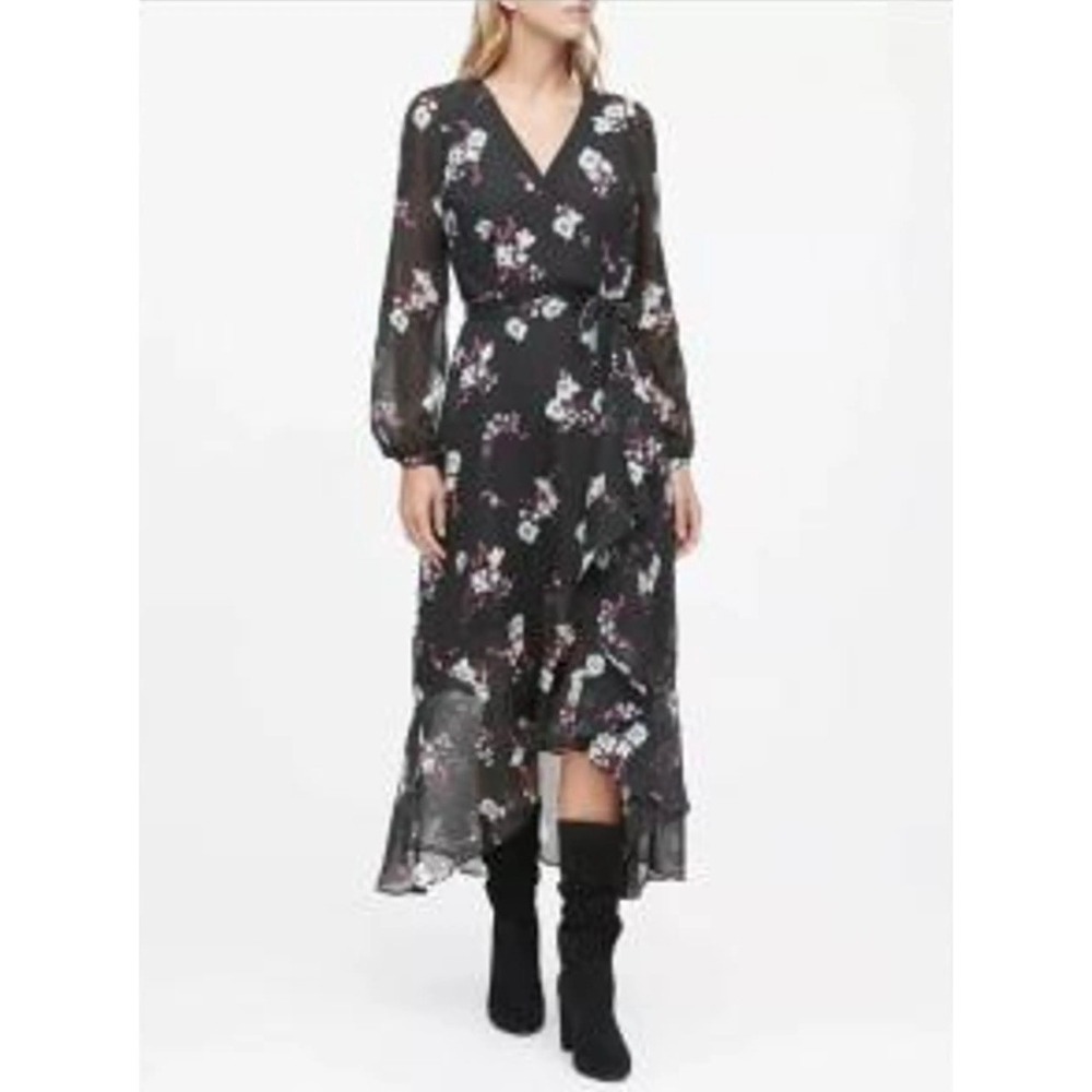 Banana Republic Floral Wrap Dress Black Long Sleeve Ruffle High Low Midi Size 4